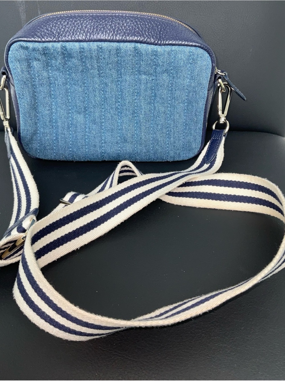 Draper James Denim and Navy Leather Crossbody with Striped Strap